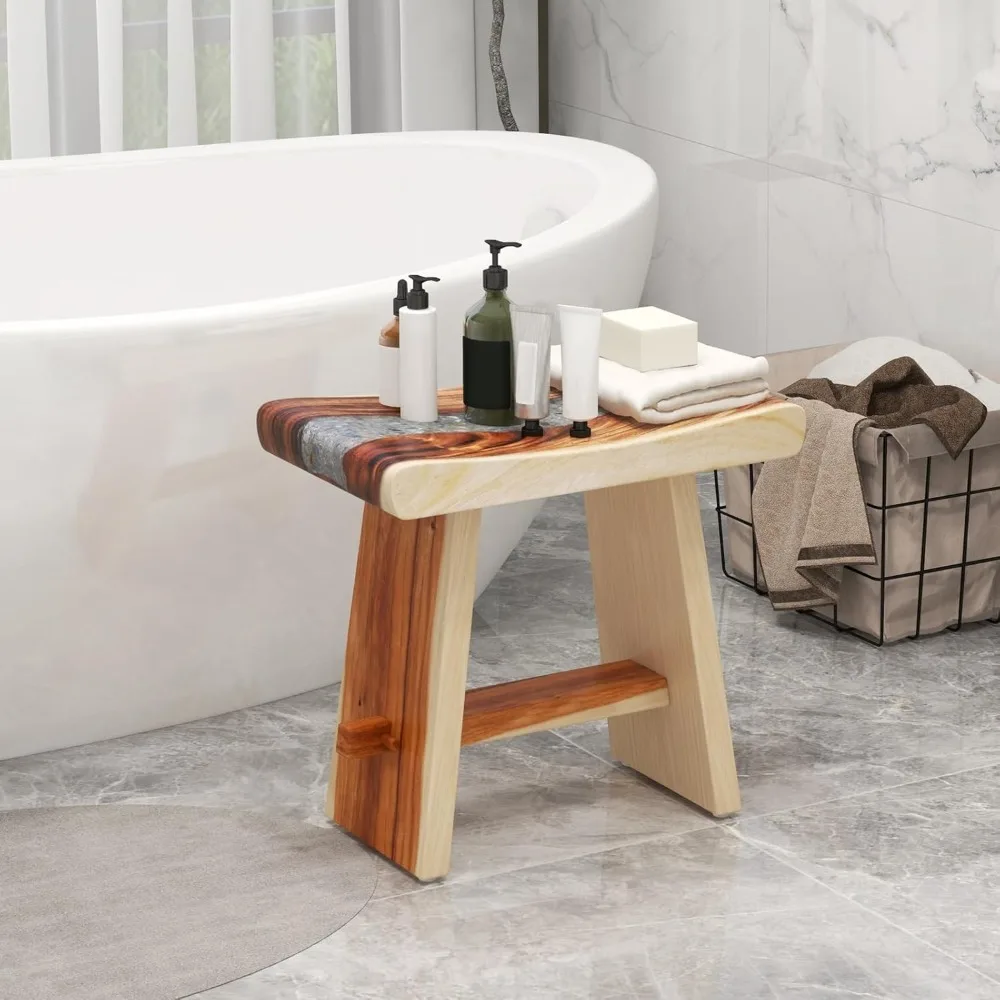 Teak Shower Bench, Fully Assembled Teak Shower Stool with Epoxy Resin Decoration and Curved Seat, Shower Bench for Shaving Legs