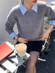 Winter Solid Knitted Pullover Sweater Women Retro Fake Two Pieces Top Pullover Female Korean Fashion Vintage Sweater 2024 New