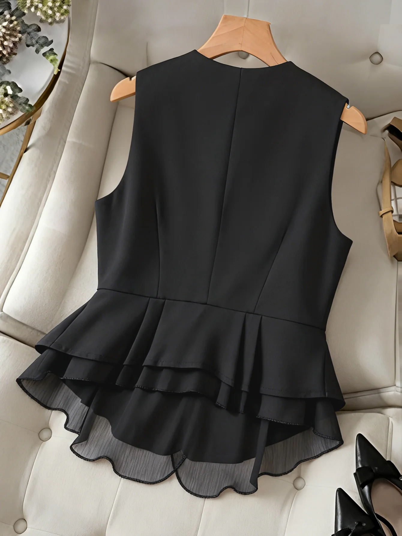 Women's Elegant V-Neck Peplum Vest, Sleeveless Button Down Blazer Waistcoat with Layered Chiffon Hem for Business Casual Office