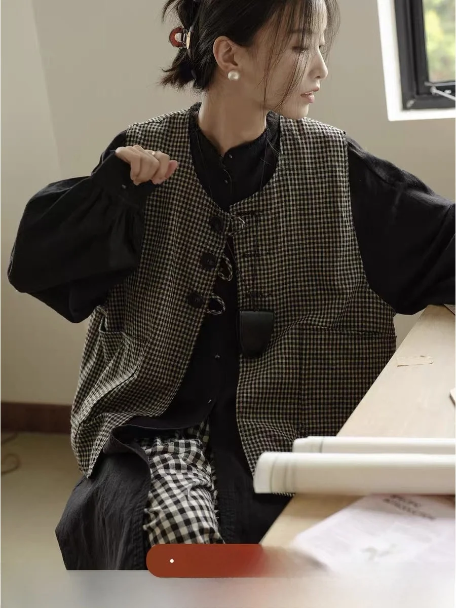 Retro Artistieke Dubbelzijdige Slijtage Plaid Open Vest Vrouwen Losse Vest Top Lente Herfst Ontwerp Gevoel Bovenkleding