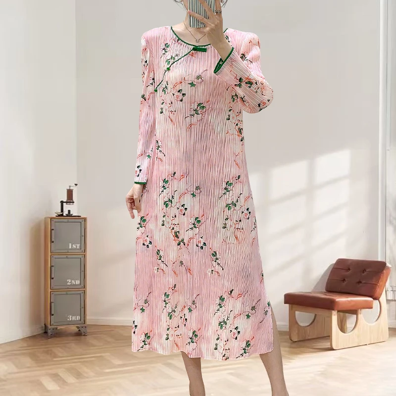 

Miyake Pleated Dress Women Plisse 2025 Summer Fold Cheongsam Pleat Skinny Printed Seven-quarter Sleeve Long Dress Pleats Women's