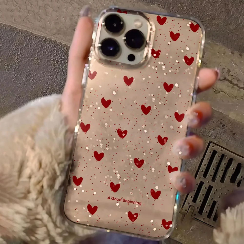 Pink Love Heart Clear Glitter Phone Case For iPhone 17 13 16 15 11 12 14 Pro Max 17 Air XR X 16e Case Soft TPU Shockproof Cover
