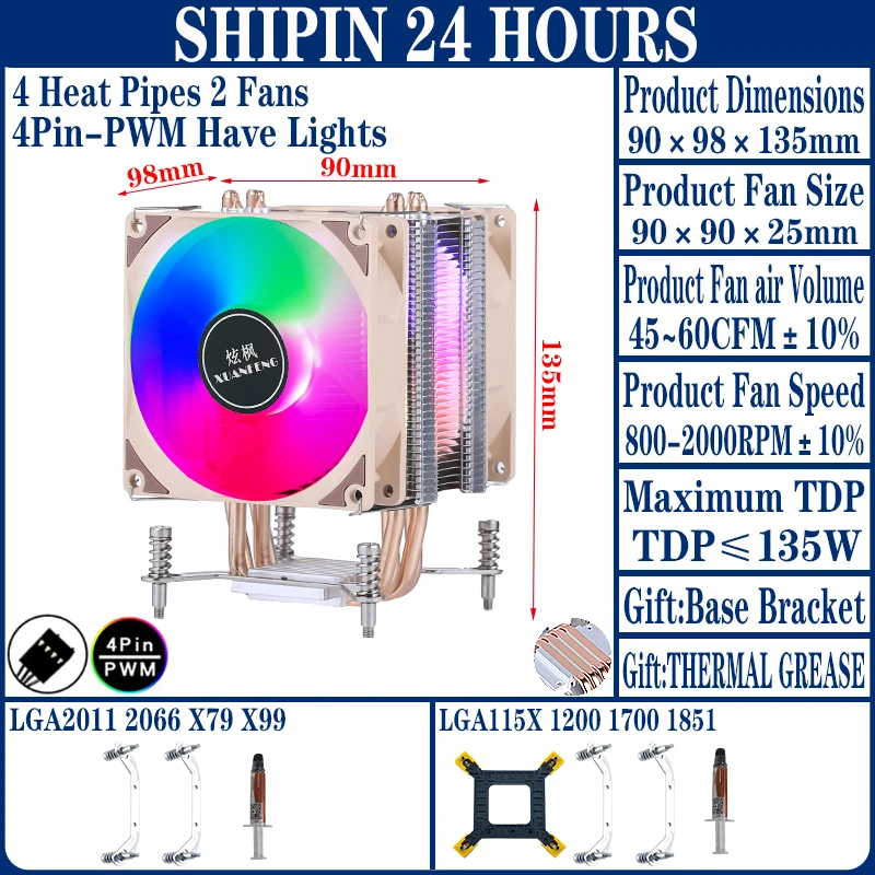 Stille CPU-ventilator 90mm PC-processor koeler 2/4/6 heatpipe 3-pins/4-pins universele installatie LGA2011-3 2066 X79 X99 115x 1200 1700 I5 I7