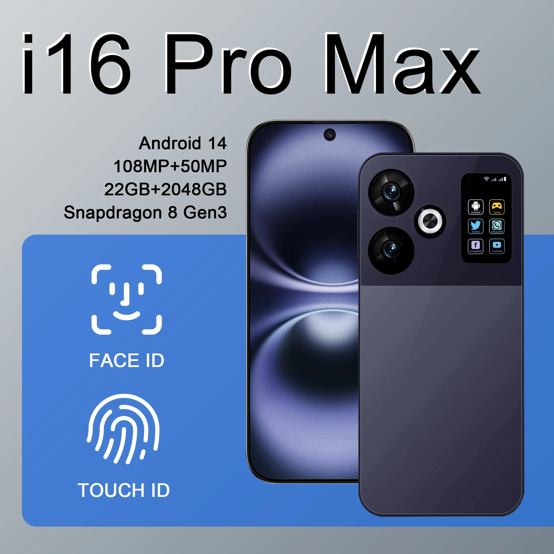 New i16 Pro Max Smartphones 22GB+2048GB 7.3-inch HD 108MP+50MP 8000mAh  Android 14 Snapdragon 8 Gen3 Dual SIM