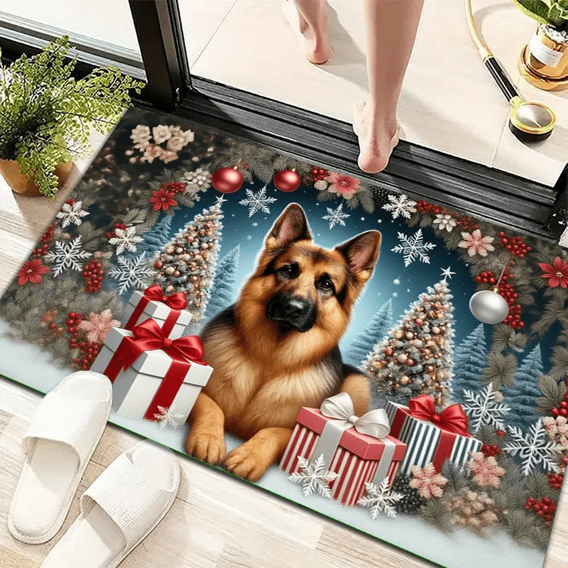 1pc Dachshund Among Christmas Trees & Gifts Welcome Doormat, Soft Absorbent Non‑Slip Washable Quick‑Dry Floor Mat for Entryway