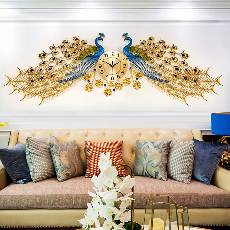 

Large 3D gold home decoration silent quartz metal double peacock wall clock