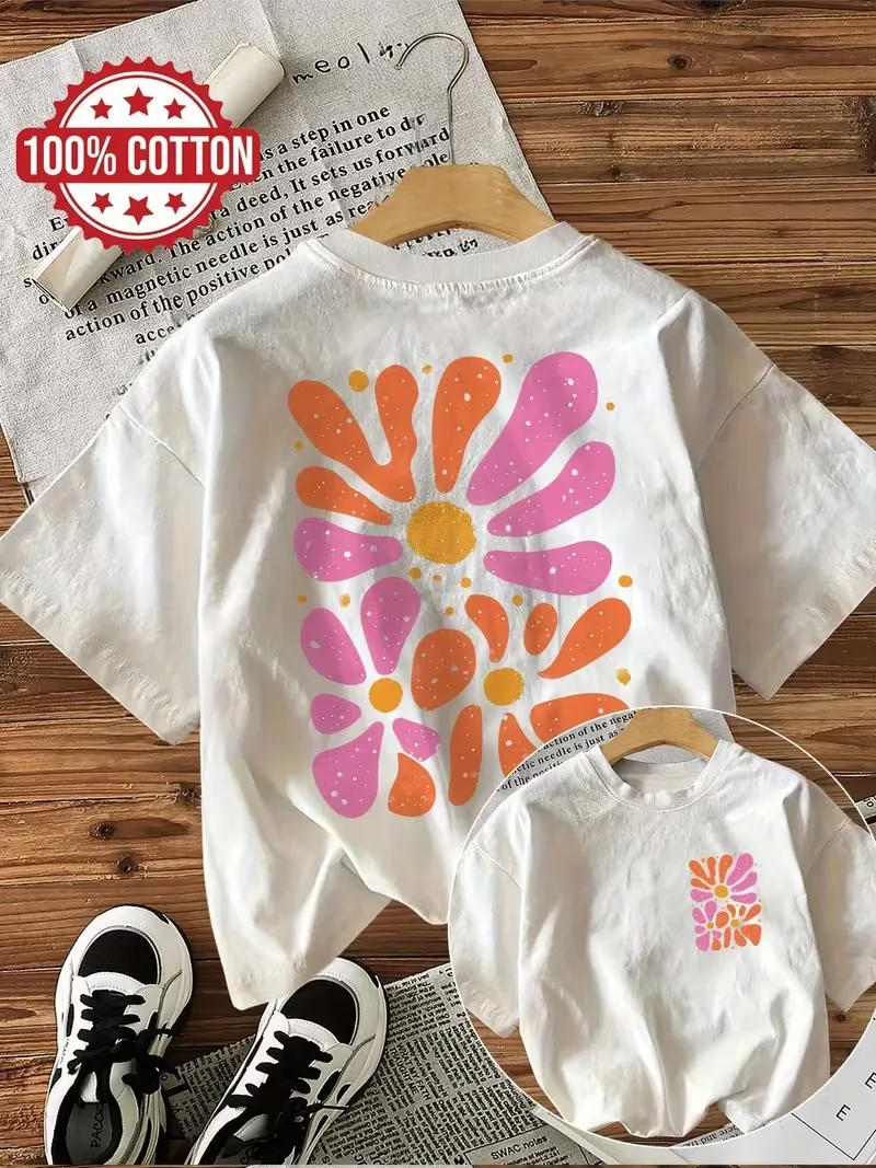 Lockeres Damen-T-Shirt aus 100% Baumwolle mit Retro-Blumendruck, Weicher Rundhalsausschnitt, Kurzarm-Oberteil, Vintage-Shirt mit Blumenmuster – Detail 2