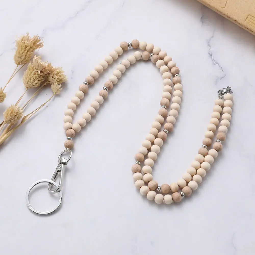 Retractable ID Badge Holder Lanyard Natural Wood Bead with 2pcs Card Holder Wood Beaded Lanyard Multi-Functional Convenient