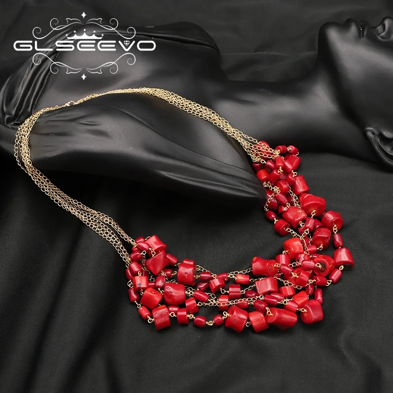 GLSEEVO Multi-layered Red Coral Chain Necklace For Woman Vintage Personality High Quality Jewelry Luxury Women's Accessories