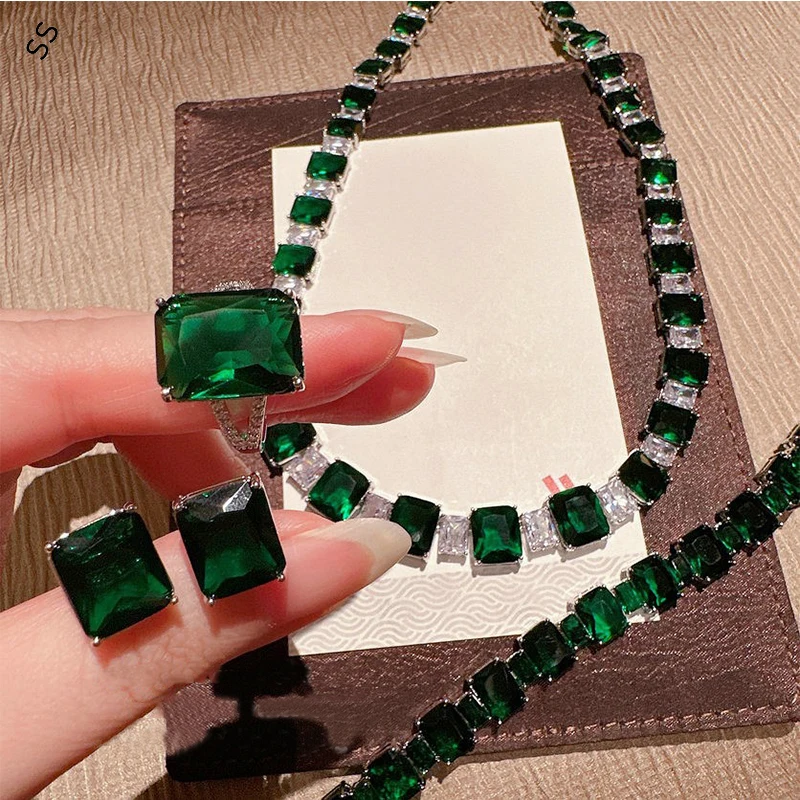 Emerald One Row Gem Necklace Antique Malachite Green Rectangular Zircon Jewel 4 Piece Sets Earring Ring Bracelet