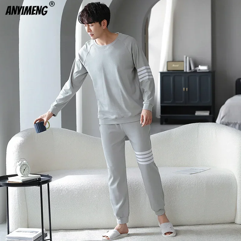 5xl 6xl Plus Size Big Pajamas Set Fat Man Long Sleeved Pullover Sporty Home Suits Knitted Cotton Sleepwear Father\'s Pyjama Homme