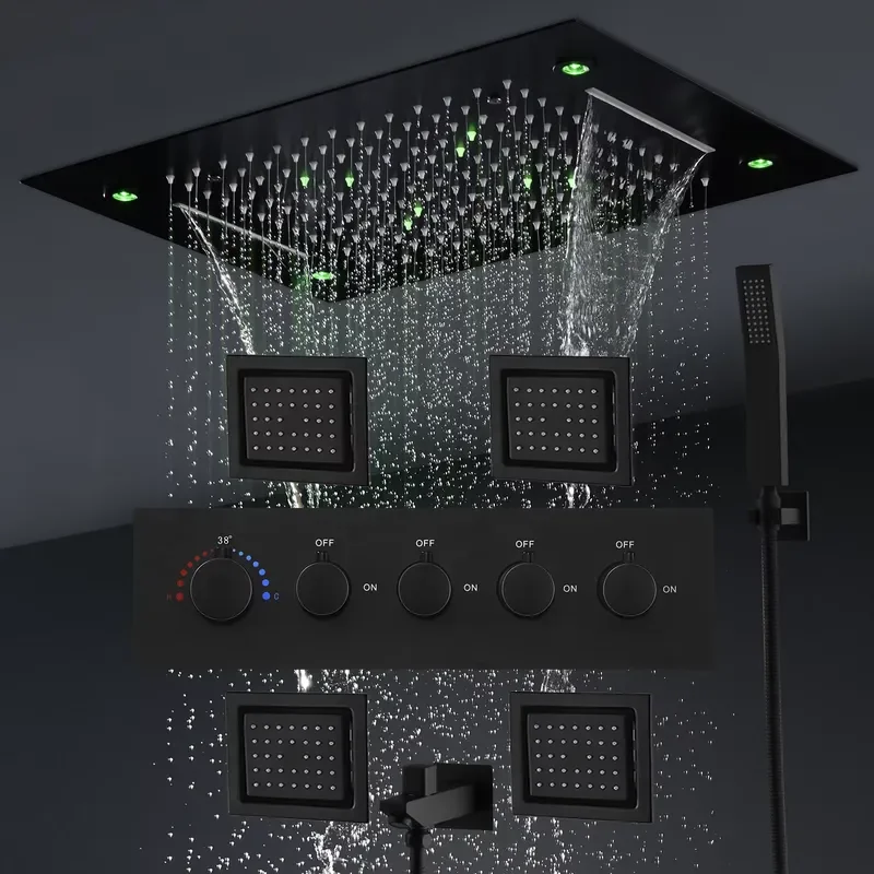 Bathroom Matte Black Remote LED Shower Head Panel Waterfall Shower System Set Lateral Jets Thermostatic Mixer Valve Diverter