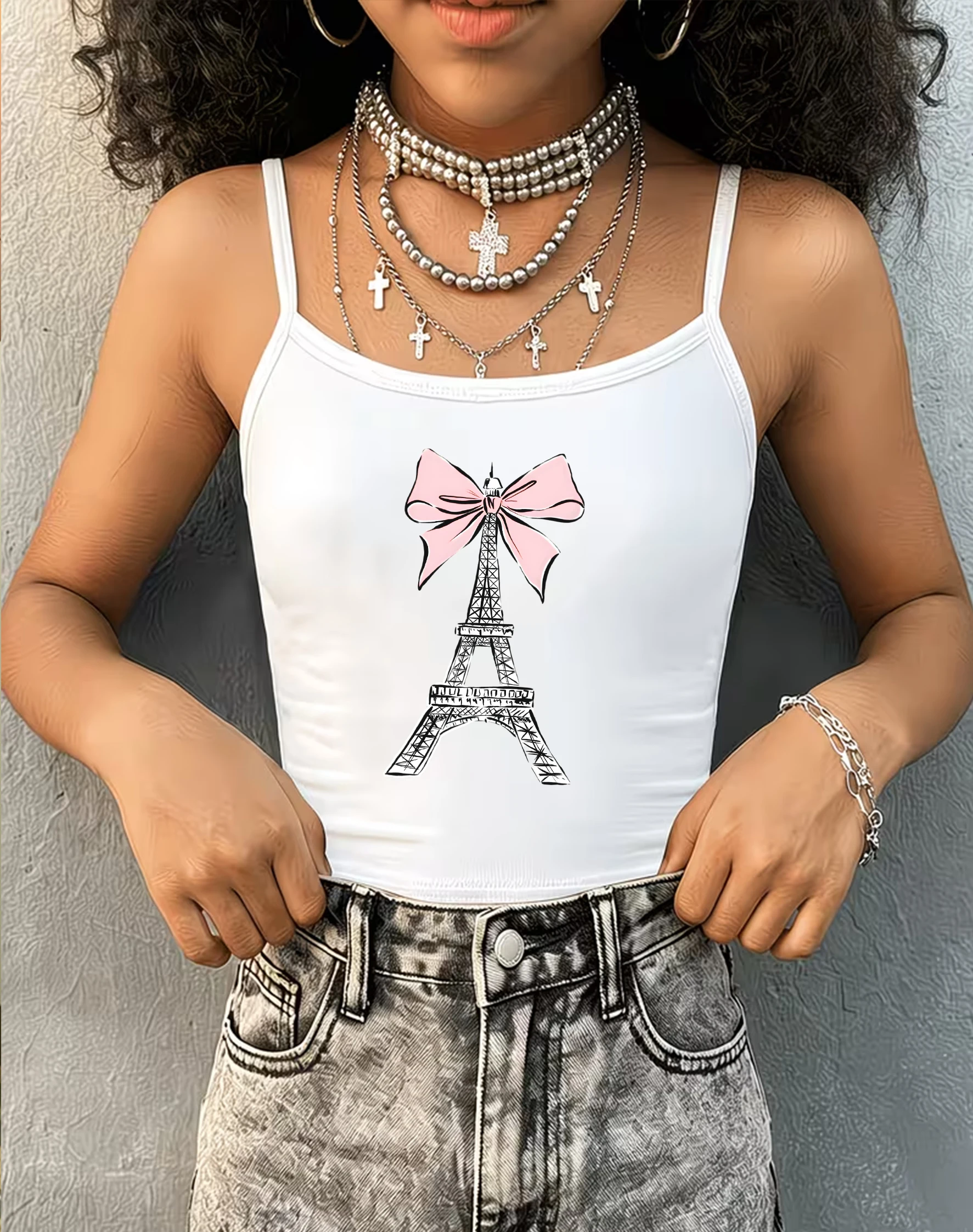 Paris Aesthetic Tank Top Bow Ribbon Graphic Cami Vintage Y2K Spaghetti Strap Vest Sleeveless Resort Wear Tops For Women