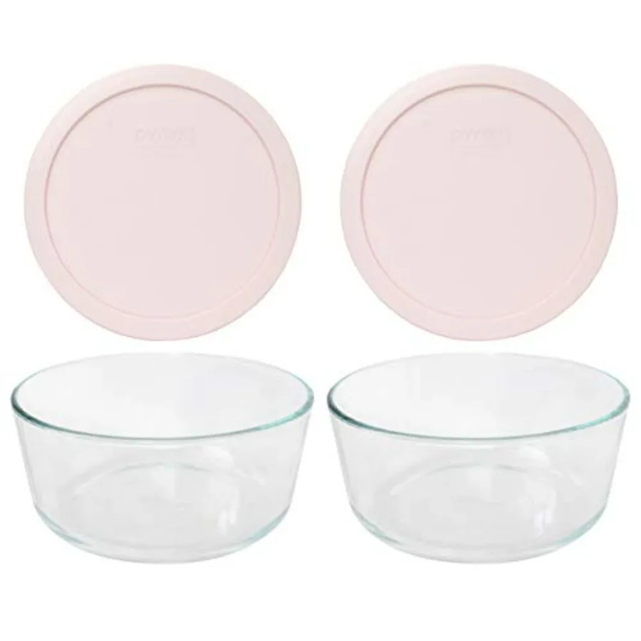 

Pyrex 2 7203 7-чашковая стеклянная посуда с 2 7402 шт. 6 7 чашек розовых крышками, сделанная в США для хранения на кухне и приготовления еды Durabl