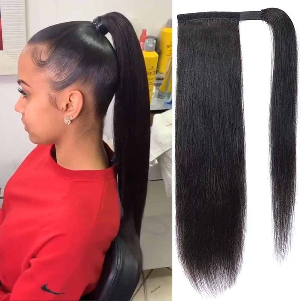 

Bone Straight Drawstring Ponytail Human Hair Brazilian Hair Piece Clips in Human Hair Extensions for Women Wrapped Horsetail