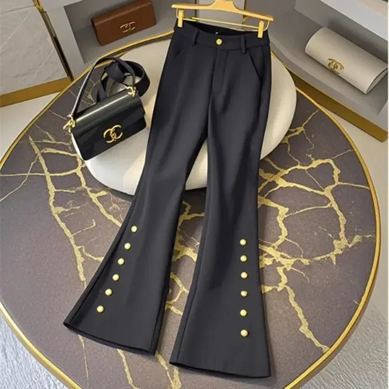 

New High End Fashion Design Women's Pants Slim Spring Autumn Elegant Micro Flared Trousers High Waist Buttons OL Suit Pant