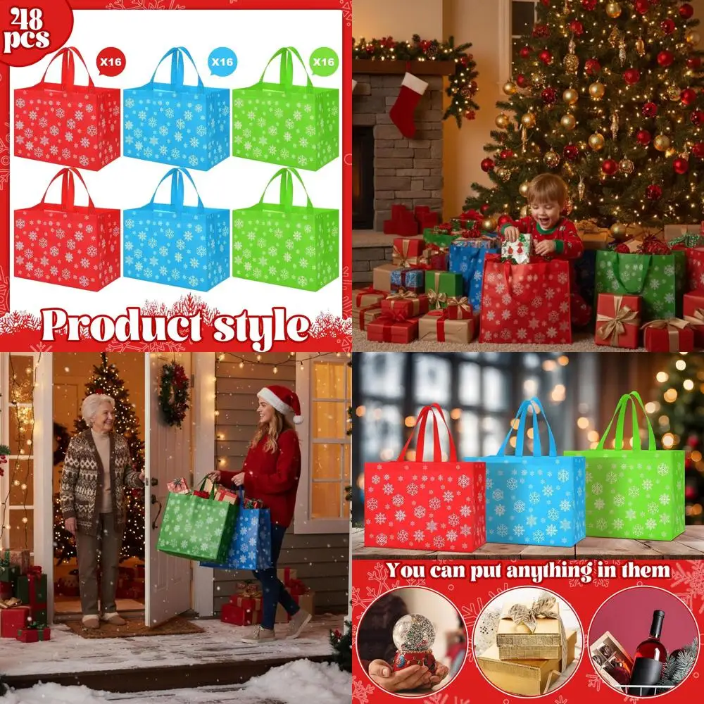 

48 Pcs Large Christmas Tote Bags with Handles 12.8 x 9.8 Inches Reusable Non Woven Snowflake Gift Bags Red Blue Green Grocery Sh