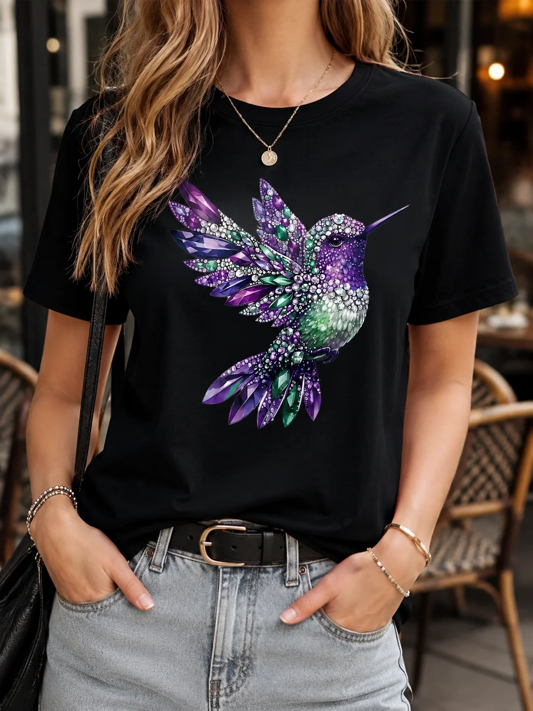 Light Luxury Faux Diamond Hummingbird Flat Print Short-sleeve T-shirt Fashion Harajuku Kawaii T-shirt Women's Y2K Clothing