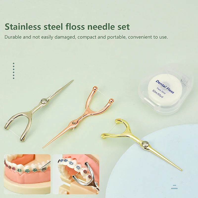 New Stainless Steel Toothpick Dental Floss Reusable For Y Shape Flossing Holder Set Portable ECO-friendly Teeth Cleaning Tools