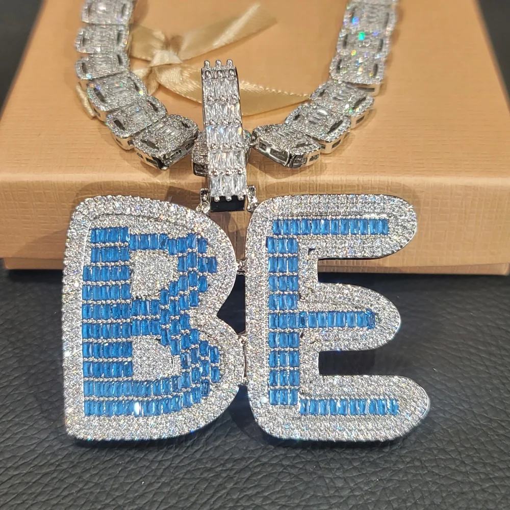 

Custom Two Colors Name Pendant Personalized Ice Word Numbers Necklace With Icy Baguettecz Chain Fashion Hip Hop Birthday Gifts