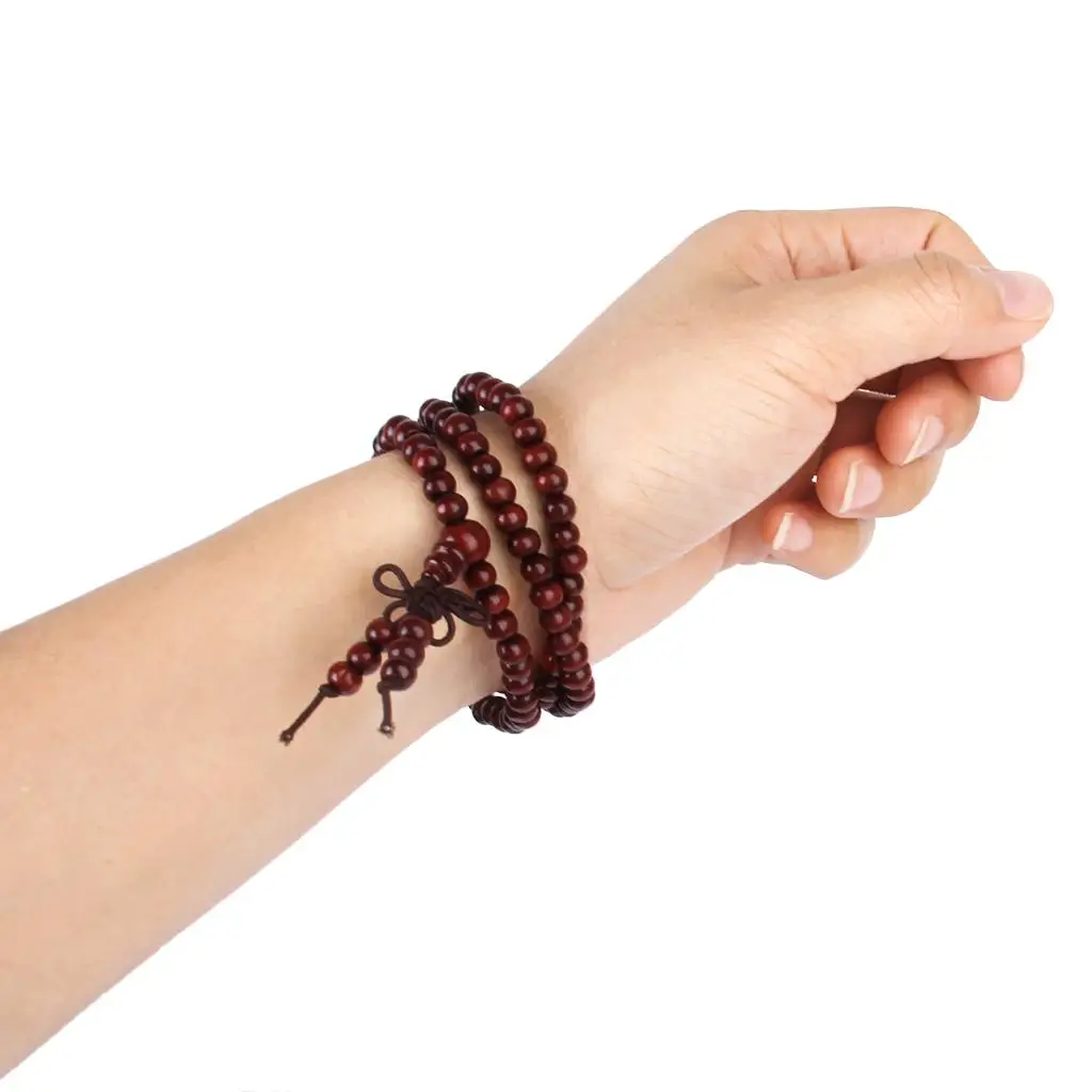 108 Mala Beads Buddhist Bracelet Purplish Red Wooden Elastic Wristband for Daily Meditation and Tranquility
