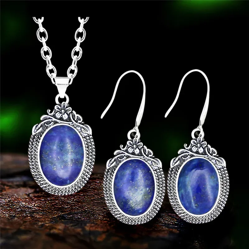 Vintage Natural Stone Quartz Jades Jewelry Set For Women Antique Silver Plated Flower Plant Pendant Necklace Earring Jewelry