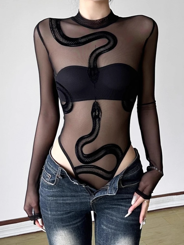 Serpentine Flocking Sexy Bodysuit Lingerie See Through Mesh One-pieces Body Feminino Black Top Women Rave Outfit Long Sleeve