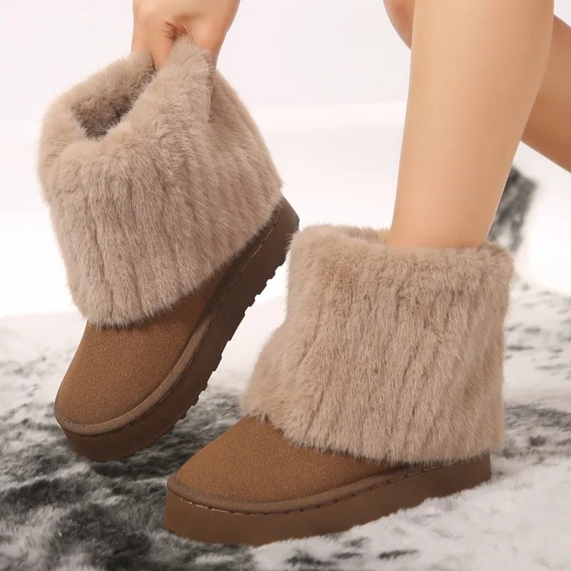 Shoes for Women New Slip on Women's Boots Winter Round Toe Solid Flock Plush Warm Mid Heel Water Proof Casual Snow Boots