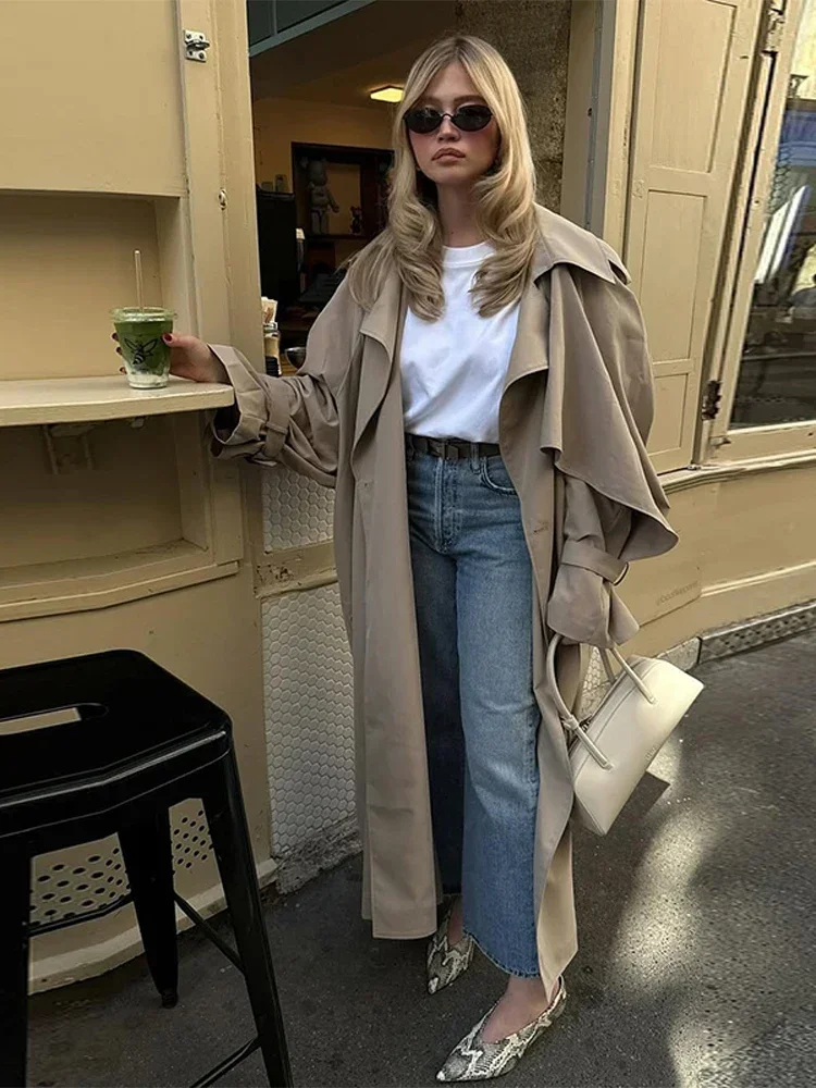 

Solid Belted Long Trench Coat Women Fashion Full Sleeve Lapel Single Breasted Loose Windbreaker Lady Daily High Streetwear 2025