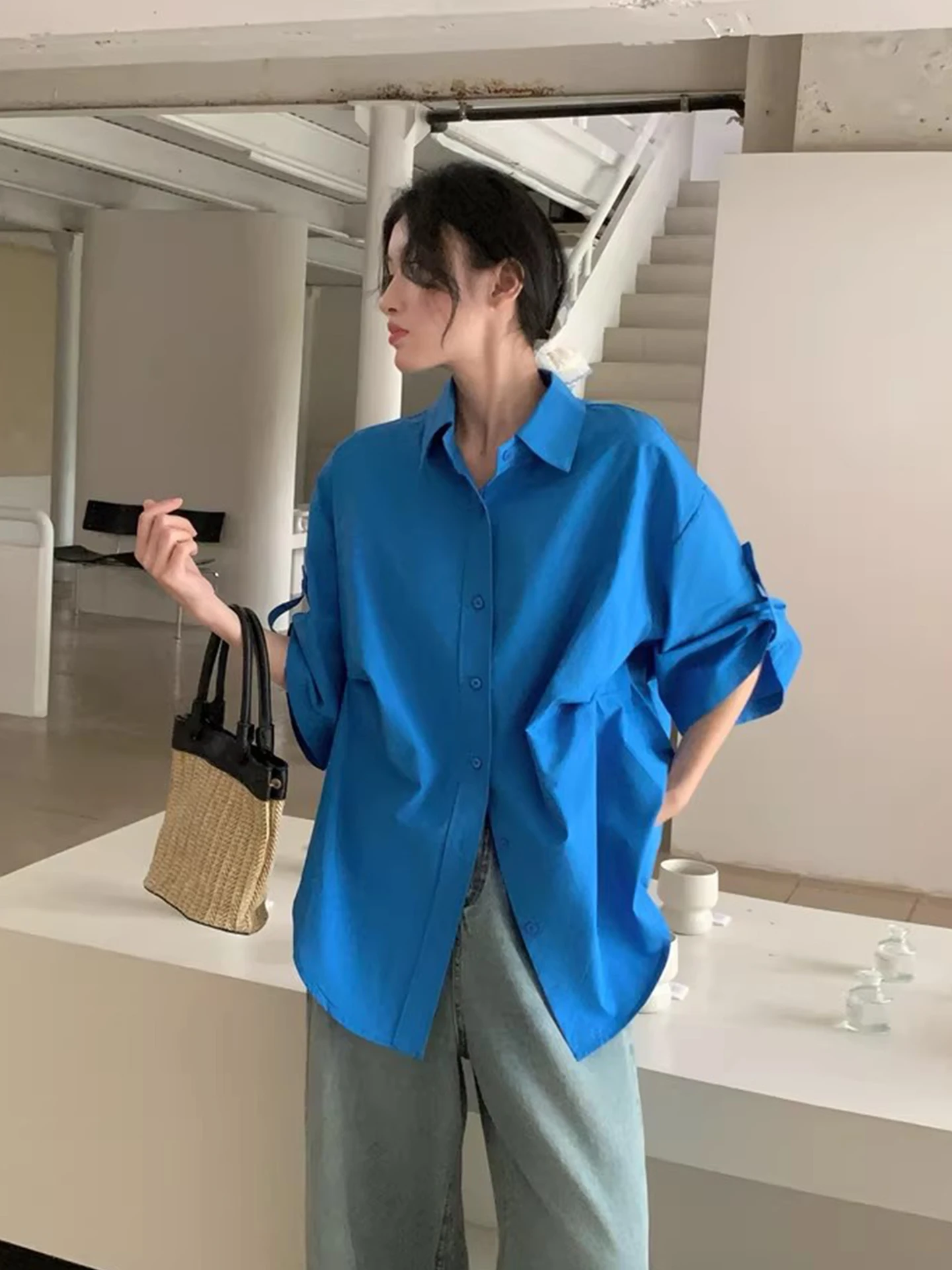 

Spring New Sle Women's Slim Fit irt Collar Single Button Blouse Thin Waist Inclined Blue Korean Sle Commute Faion