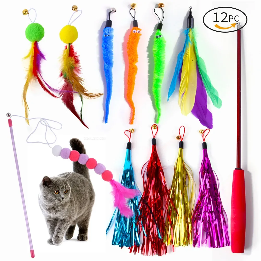 

New Retractable Fairy Funny Cat Stick Feather Replacement Head Fishing Rod Funny Stick Cat Toy Set Toys Interactive