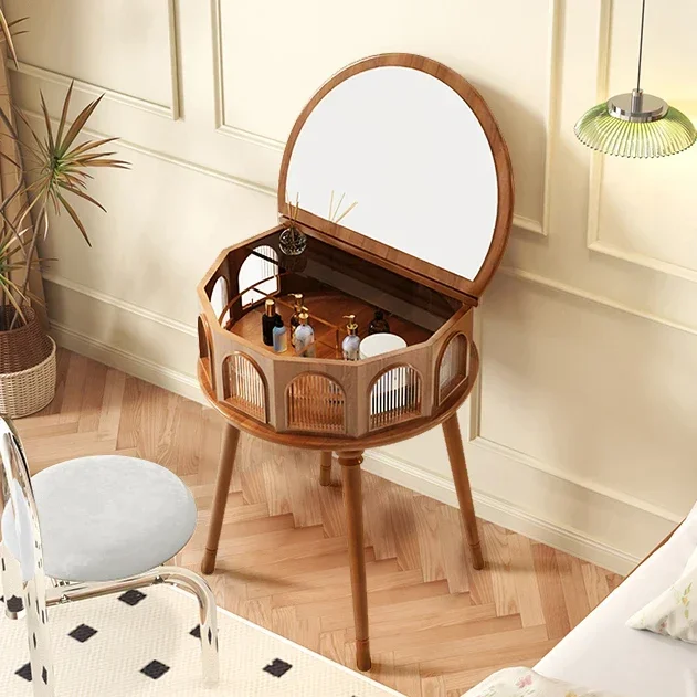 

for American Style Solid Wood Makeup Vanities Retro Furniture Clamshell Mirror Rotatable Storage Bedroom Corner Makeup Table