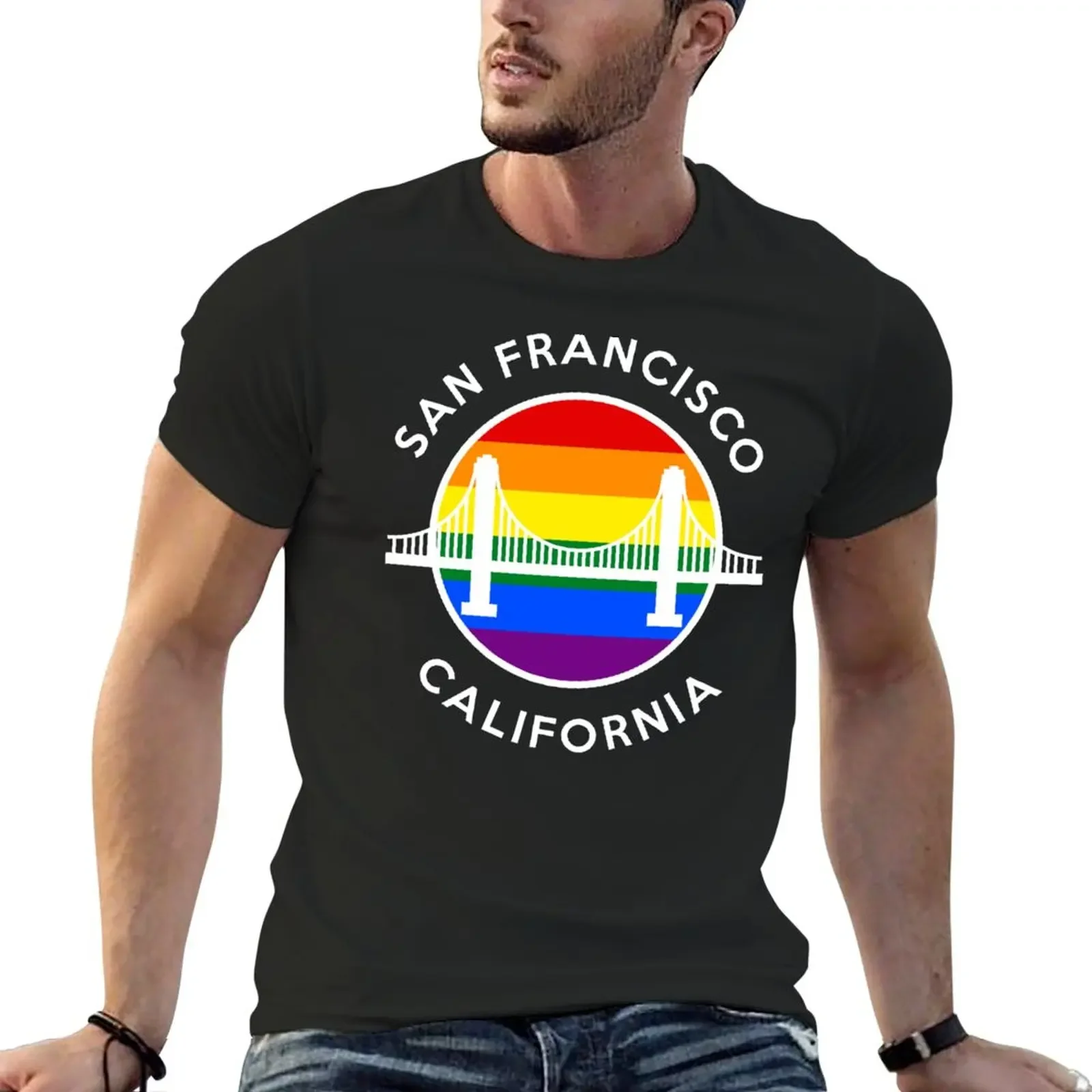 

GOLDEN GATE - RAINBOW ROUND SF CA - D2WHITE T-Shirt Aesthetic clothing oversized men clothing
