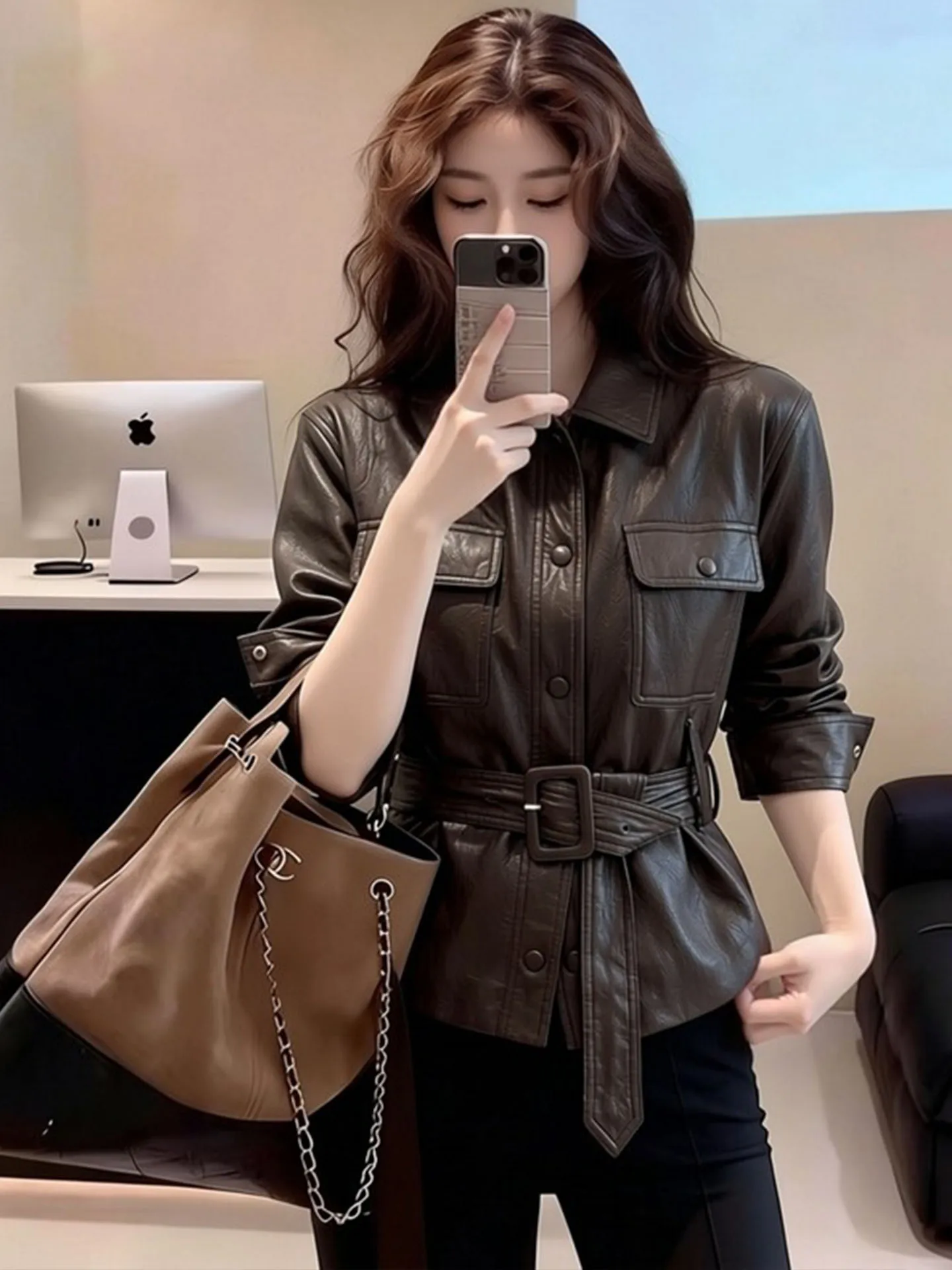 

Ретро-коричневая кожаная куртка для женщин, весна 2026, с поясом на талии, приталенная, модное пальто-топ, бренд Single-Ting