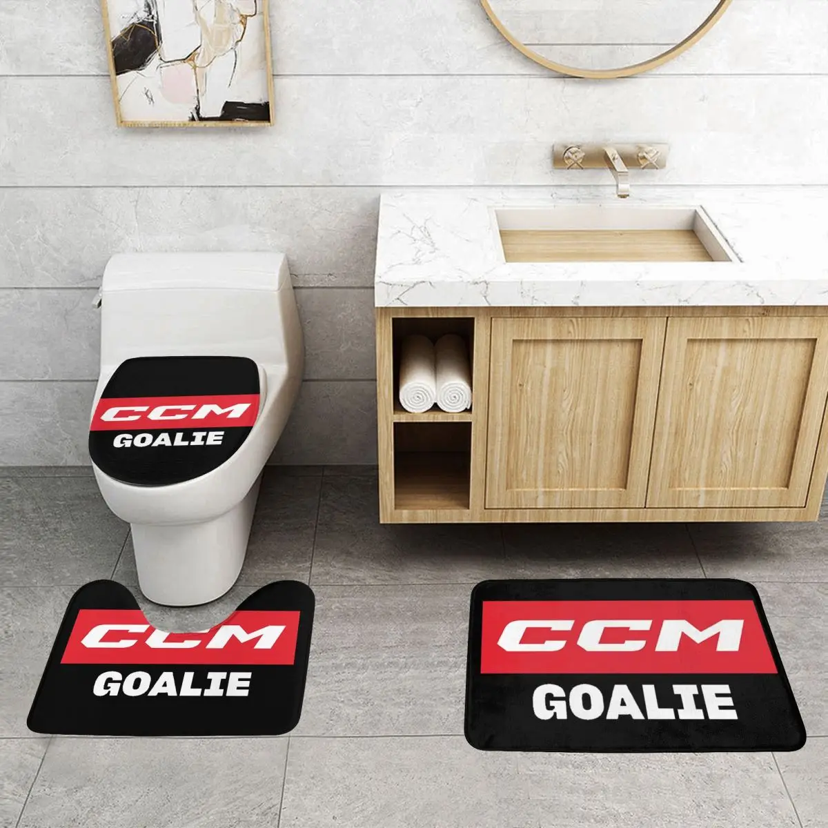 Custom CCM Canada Logo Hockey Bathroom Rugs Set 3 Pieces Non-Slip Toilet Bath Mat Sets