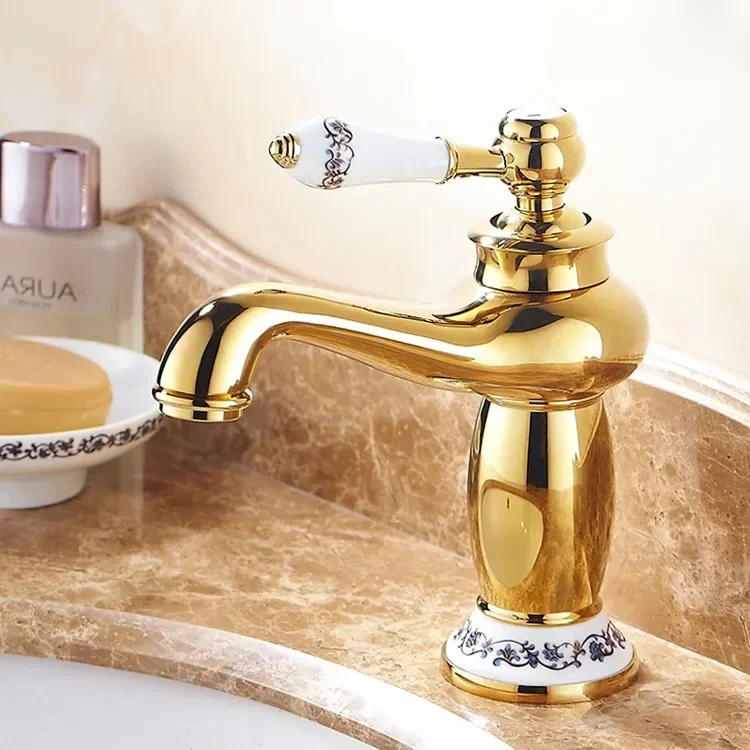 Retro European Bathroom Basin Faucets Gold Mixer Tap Ceramic Decoration Plating Chrome Single Handle Hot And Cold Deck Mounted