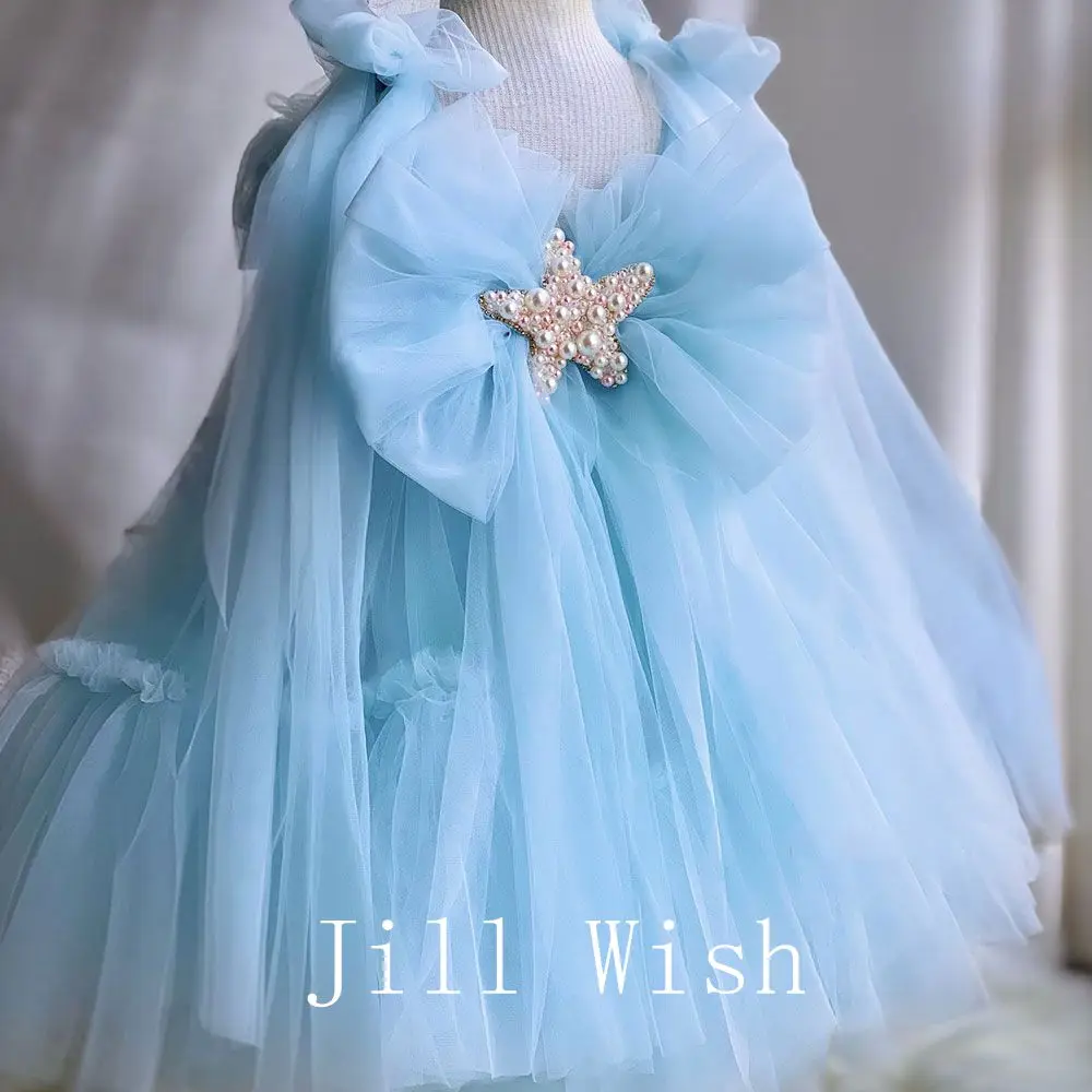 Jill wish-子供用パール付きミニビーズドレス,プリンセスドレス,ラグジュアリー,ブルー,ベビーフラワー,女の子,誕生日,結婚式,聖体拝領,j038