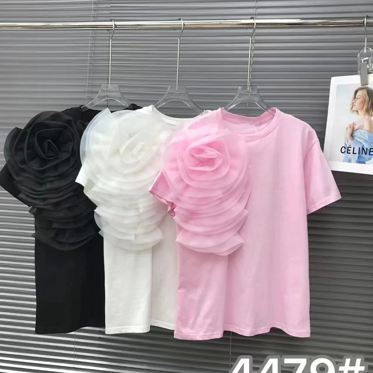 3D Flowers Stitch Short Sleeve Cotton Tshirt Three-Dimensional Big Flower Loose Casual T-shirt for Women Tops Tees White Pink