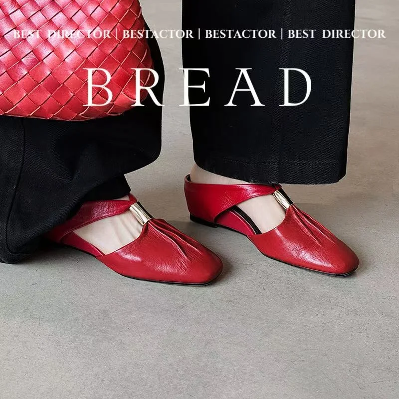 2026 new spring autumn women mules natural leather 22-24.5cm soft sheepskin square toe pleated women sandals women shoes