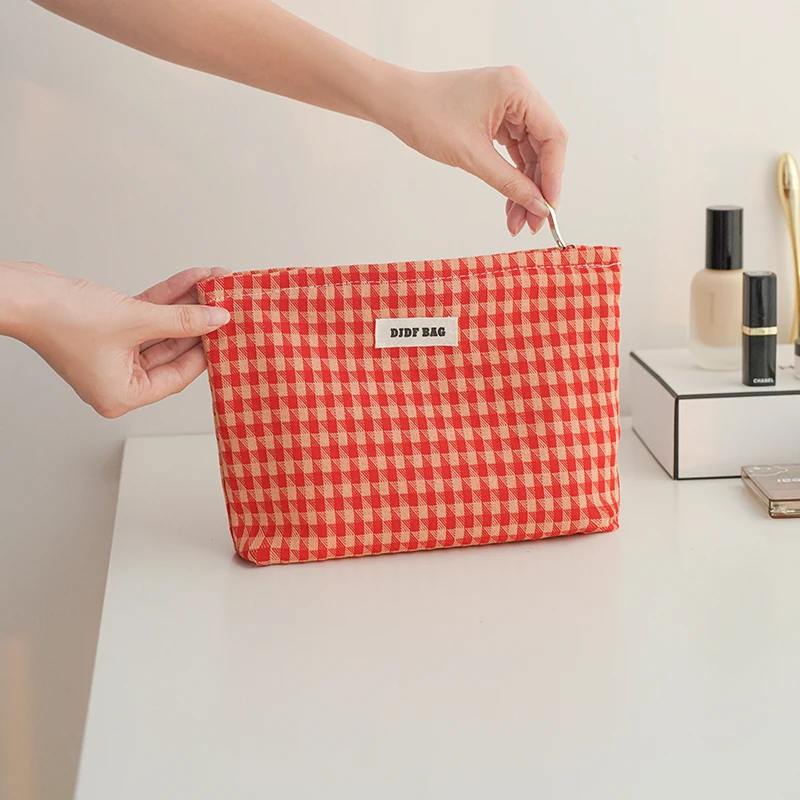 Borsa per il trucco da donna con motivo ruvido arancione, cosmetici di grande capacità, borsa per la conservazione del rossetto, borsa da toilette