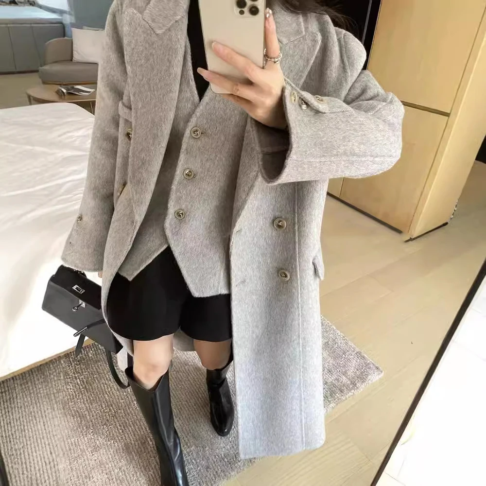 10% Cashmere & 90% Wool Grey Coat and Vest 2pcs 2024 Winter New Chic Women Straight Double-breasted Cashmere Blazer Outwear