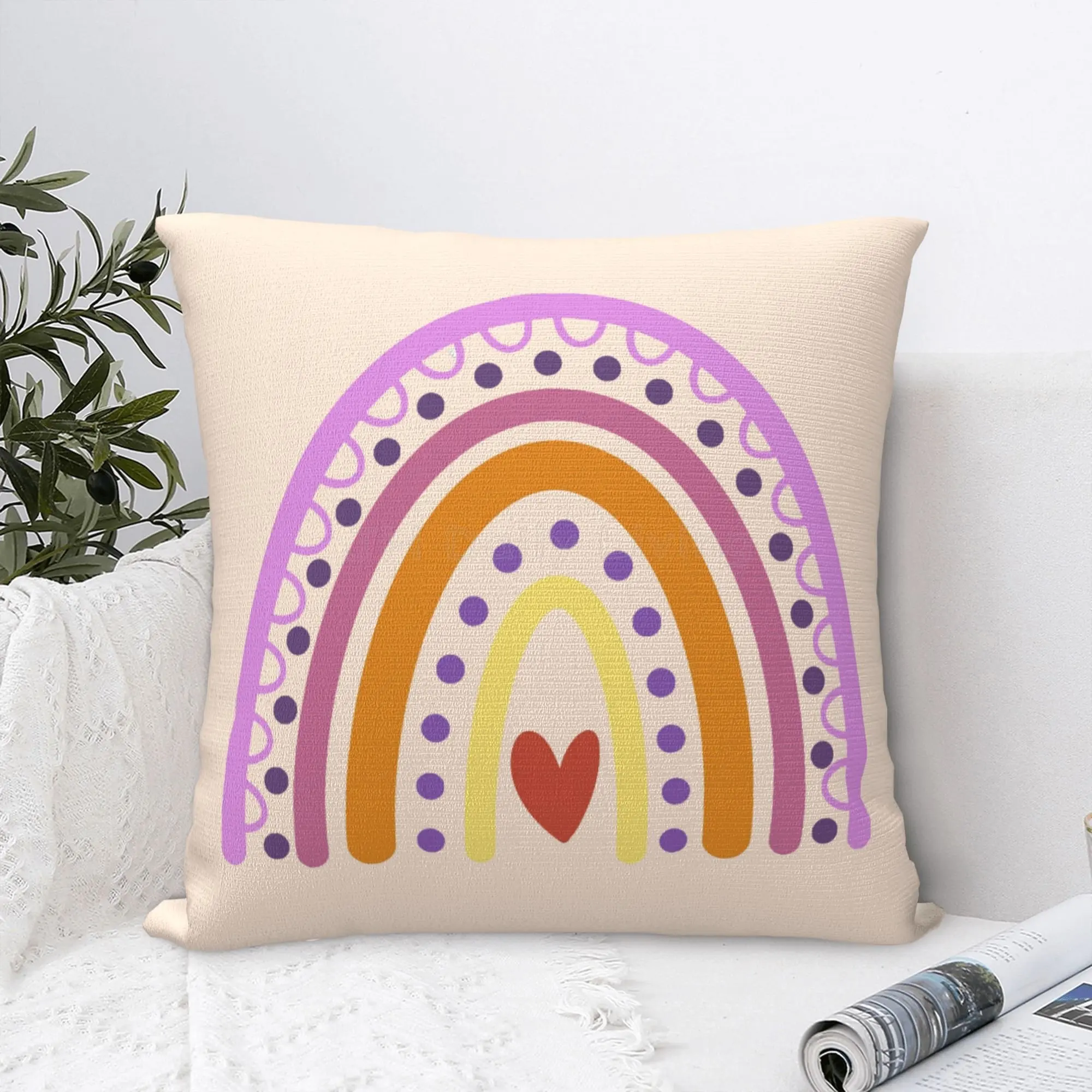 Boho Rainbow Throw Pillow Cover Bohemian Baby Nursery Cotton Polyester Pillow Case Neutral Rainbow Sofa Couch Decor 18X18 Inch