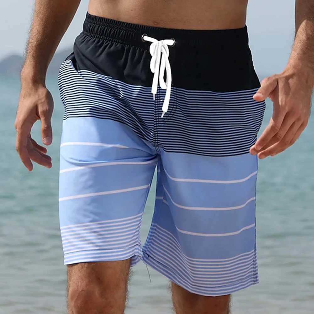 

Men's Graphic Stripe Swim Trunks - Quick Dry Breathable Elastic Waist & Mesh Lining Hawaiian Beach Holiday Designer