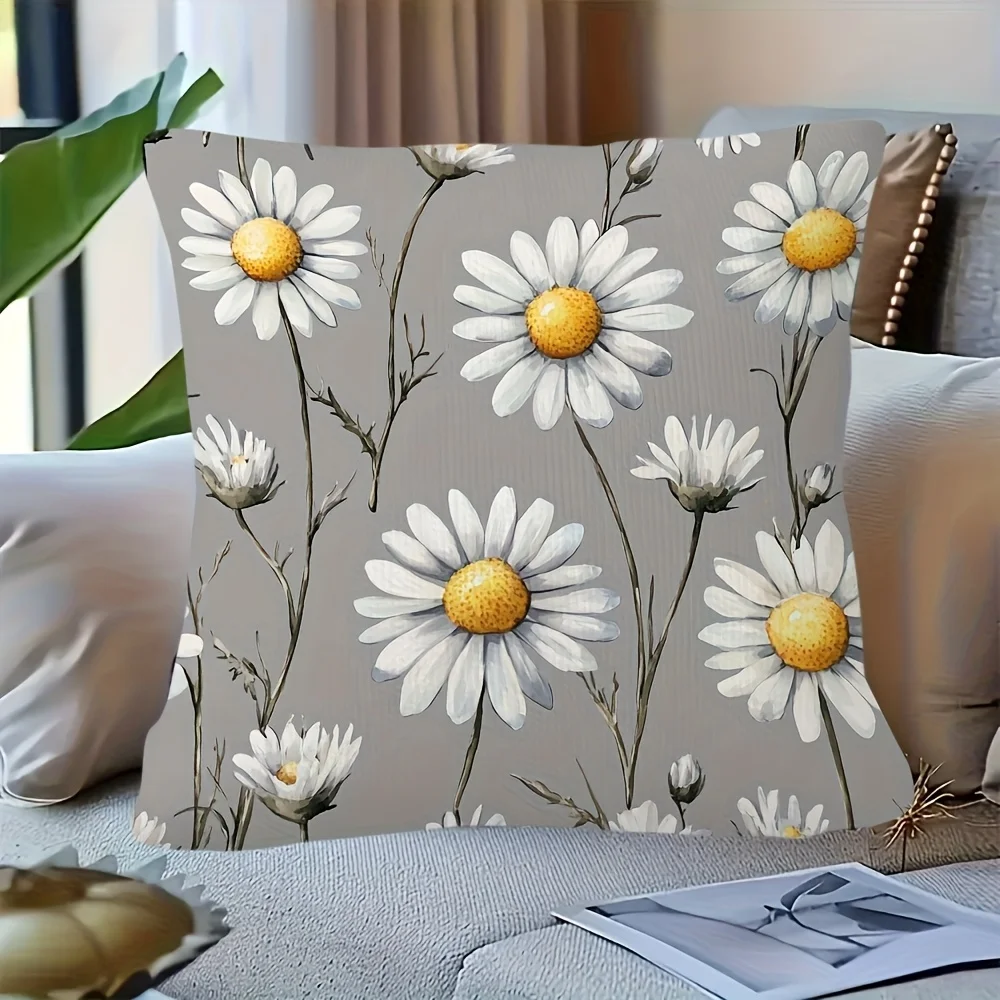 White daisy and gray leaf patterned throw pillowcase, suitable for beds, sofas, and cars. Pillow insert not included.