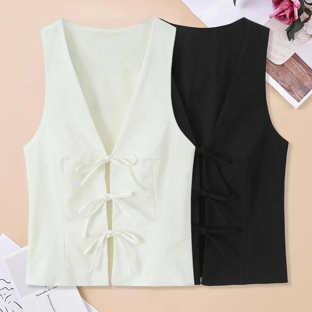 Women Loose Style Top Stylish Lace-up Tank Tops for Women Loose Fit V-neck Vest Solid Color Trendy Commuting Style Regular Fit