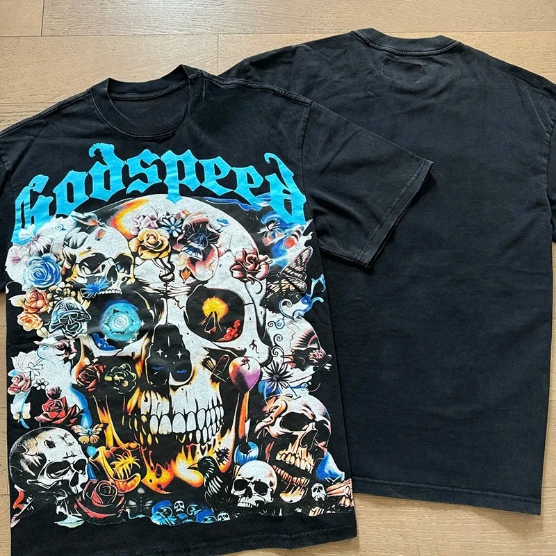 

2025 Summer High Quality Speed T-Shirt Fashion Rock Street Vintage Washed Couple Skeleton Printed Cotton Short Sleeve