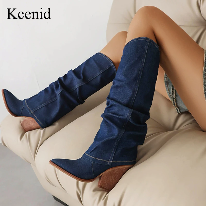 

Kcenid Autumn Winter New Women Boots Slip On Knee High Boots Cone Heels Pleated Fashion High Heels Design Knight Shoes Blue