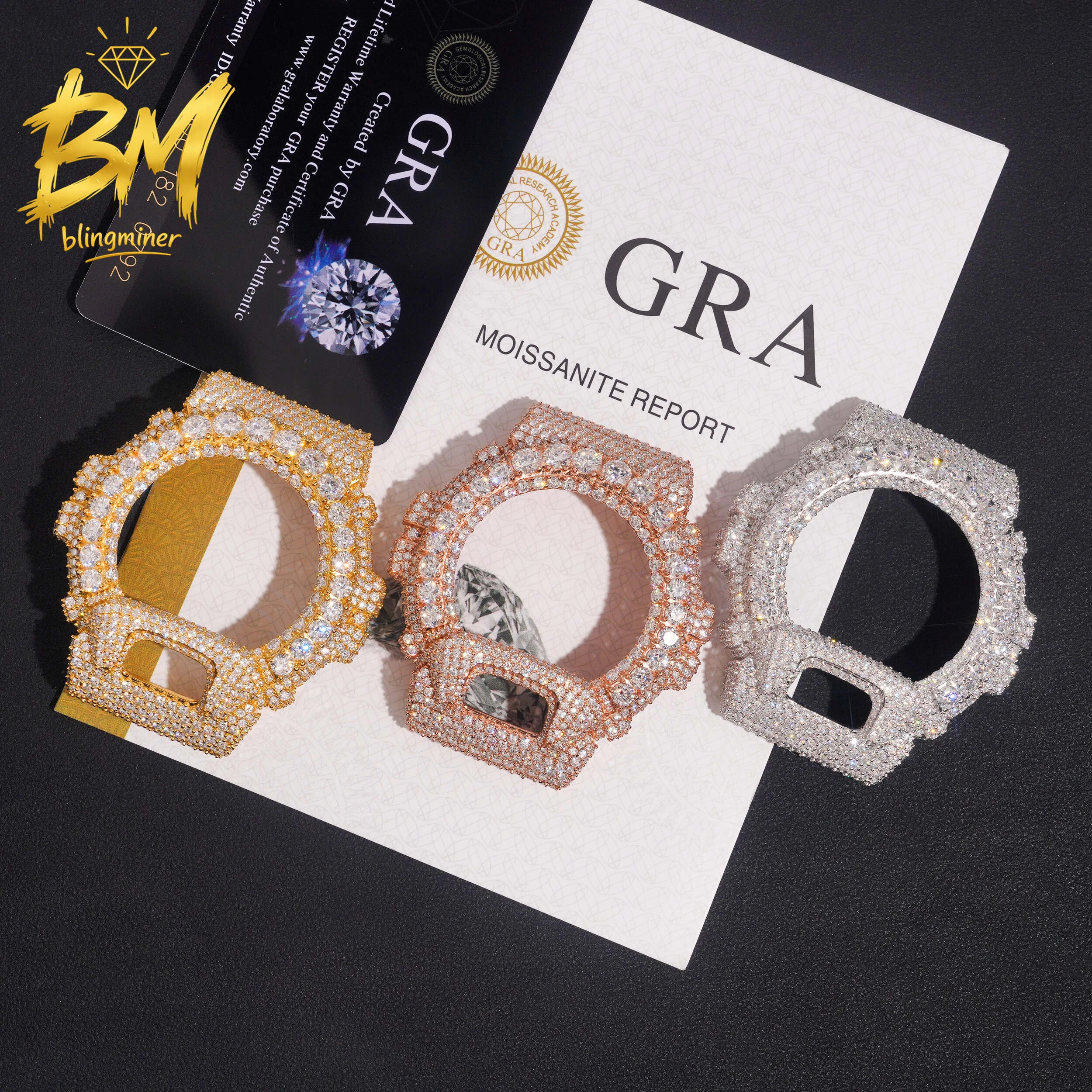 Blingminer CAS** GM6900 VVS Moissanite Watch Case Brass Can Pass Diamonds Tester With GRA Wrist Diamonds Case Free Shipping