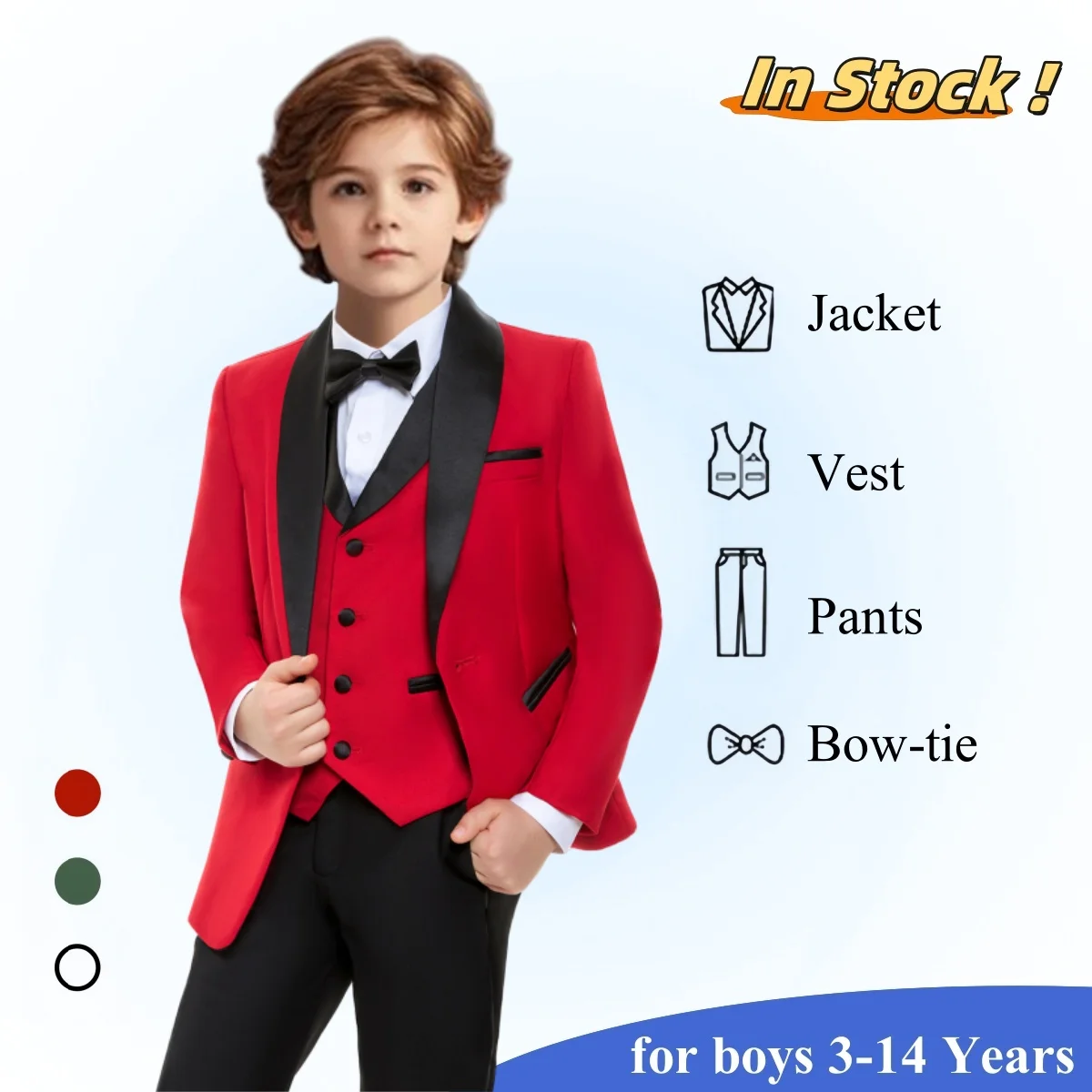 

Kids Christmas Suit Jacket Vest Pants Bowtie - Children Formal Tuxedo Set for 3-14 Years - Wedding Guest Suit for Toddler Teen