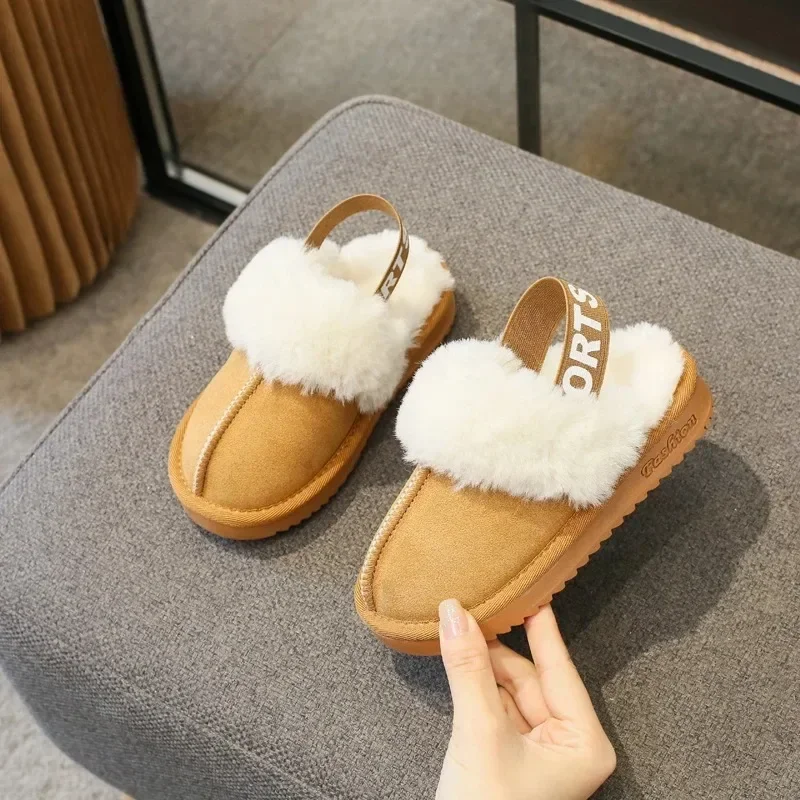 2023 New Simple Girls Slipper Elastic Band Fashion Kids Toes Wrapped Winter Warm Boys Children Cotton Shoes Casual Non-slip Cute